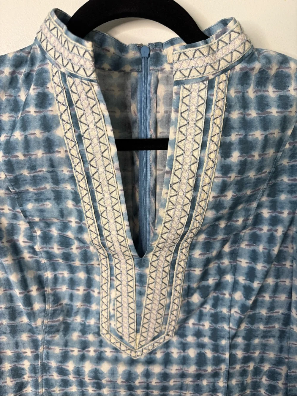 Tory Burch Light Pool Blue Embroidered Long Sleeve Tunic Resort Dress
